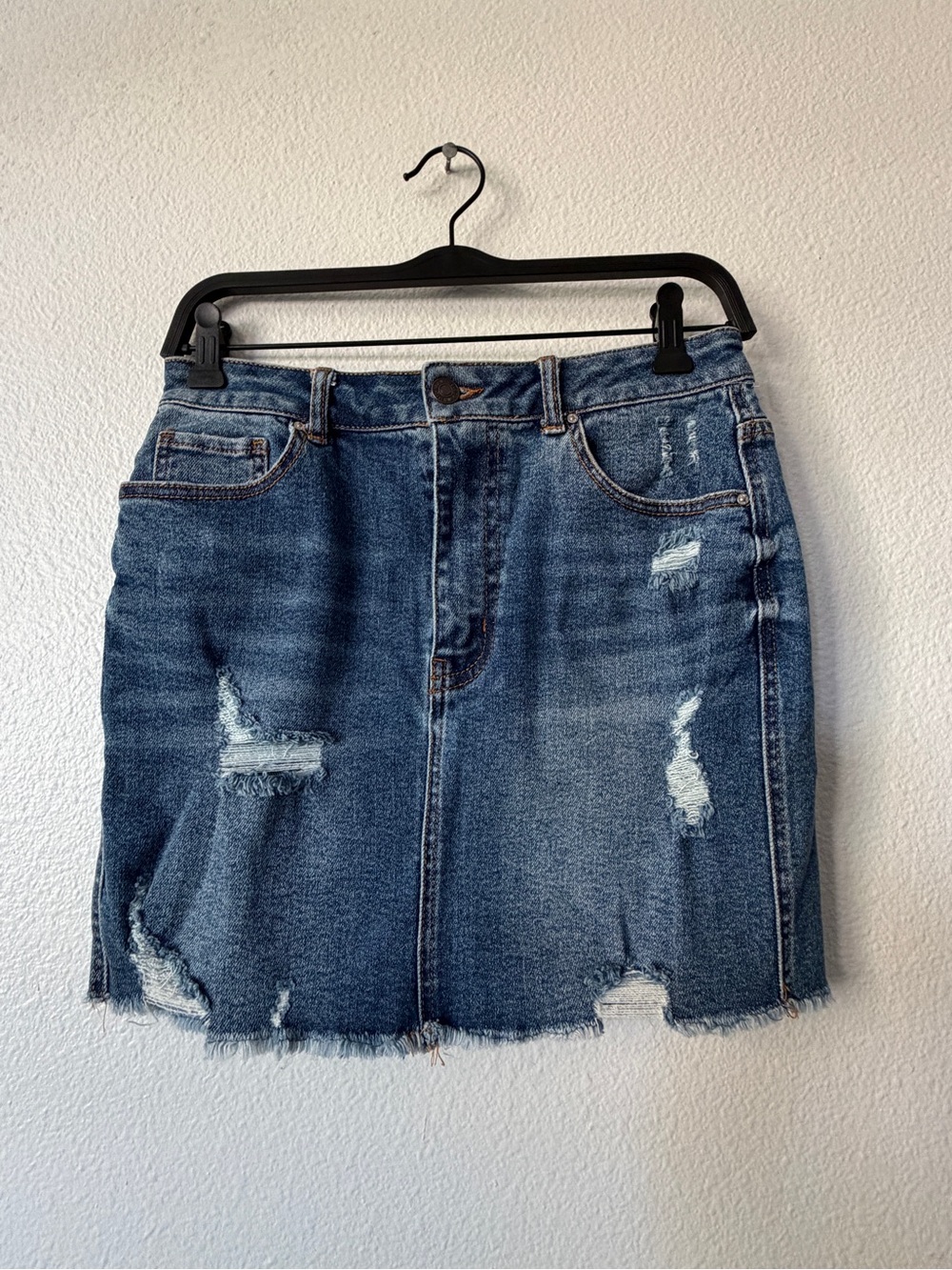 Wax Jean Distressed Blue Denim Mini Skirt